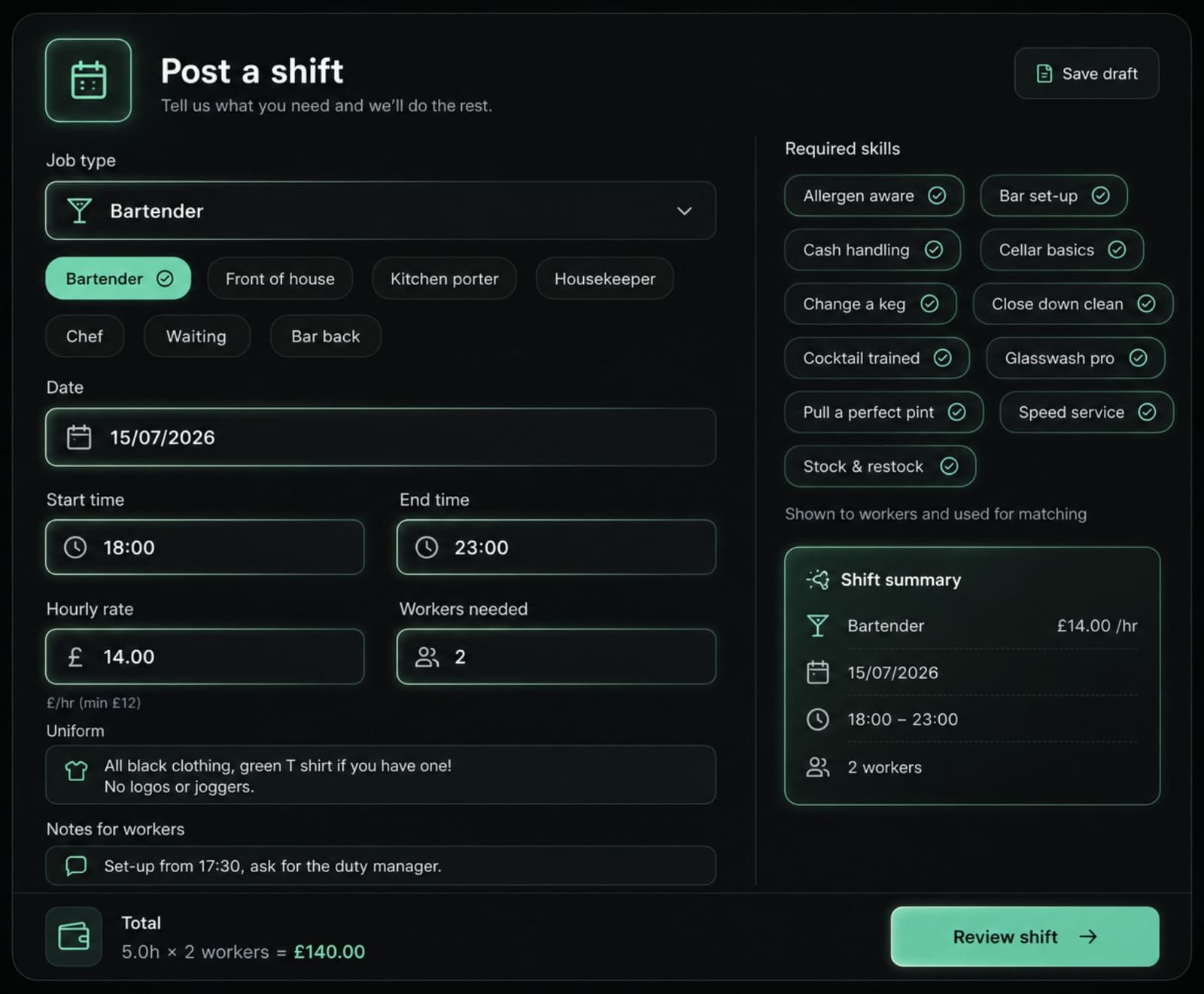 The Shifted venue portal: post a shift, review applicants, confirm your pick